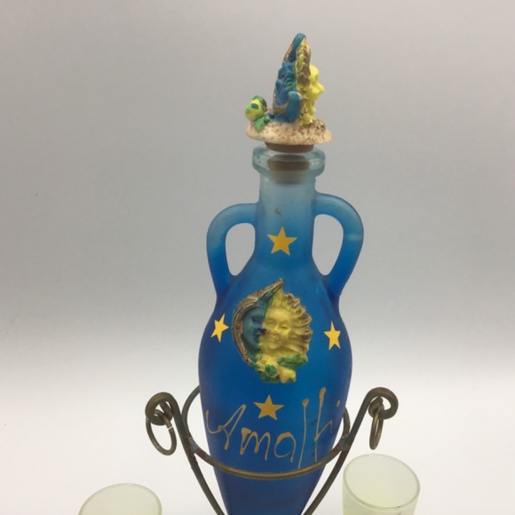 Italian Amalfi Souvenir Glass Amphora/Flask w Metal Stand and 4 Limoncello fr - Picture 6 of 16